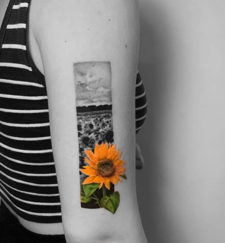 Tatuaje de un girasol a color sobre un campo en blanco y negro