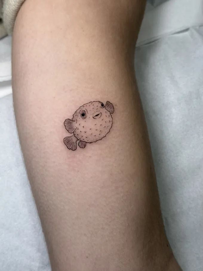 Tatuaje de un pez globo fine line