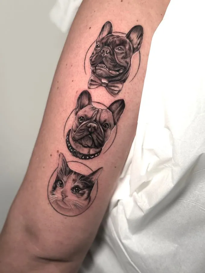Tatuaje realista de dos bulldogs y un gato